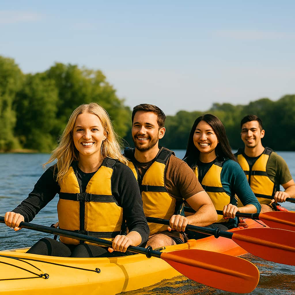 Employees and members having fun on kayak using Where To Enjoy employee and member benefits
